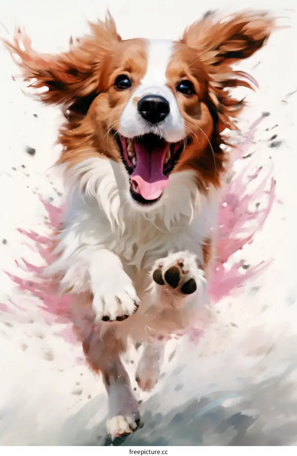 A happy dog is running with its mouth open and its tongue out