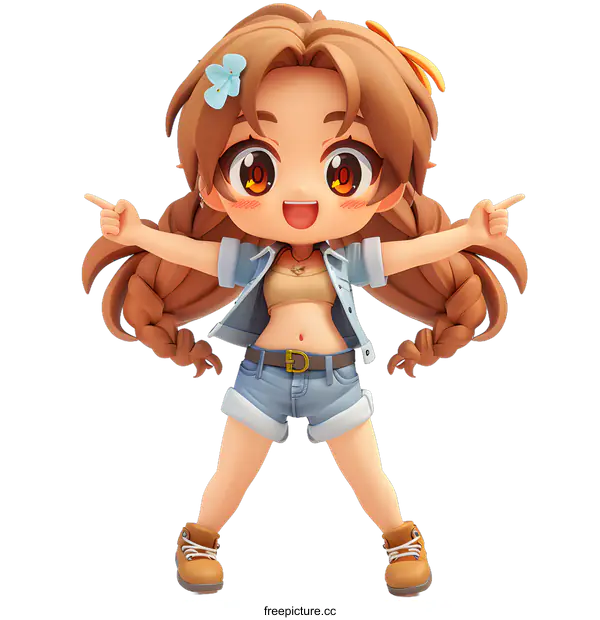 [Transparent Background PNG]A cute anime girl with brown hair and blue eyes is standing in a happy pose