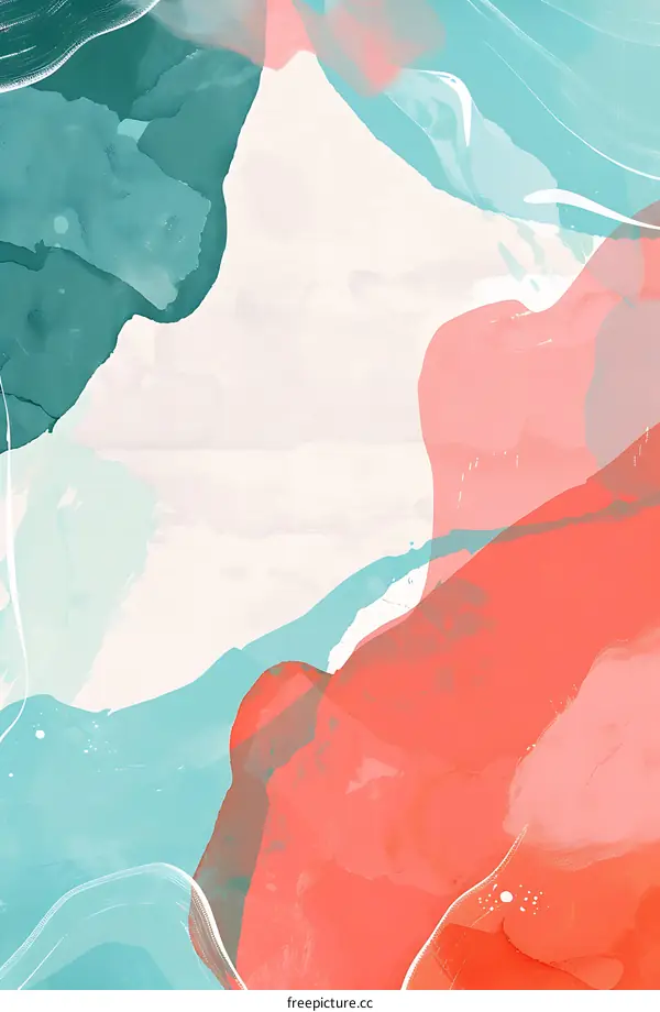 Abstract Watercolor Painting with Teal, Coral, and White Colors