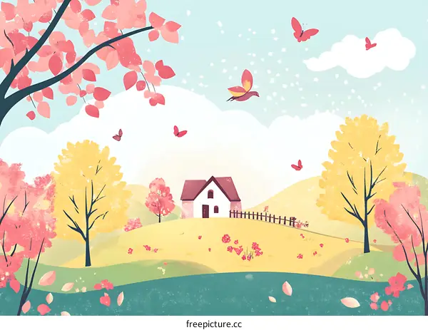 Countryside Landscape with a White House and Butterflies