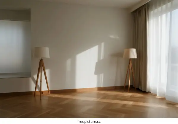 Modern empty room with wooden floor and two floor lamps
