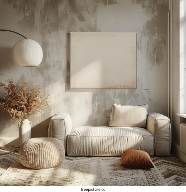 Modern Interior Design Living Room with White Sofa and Light Wood Floor