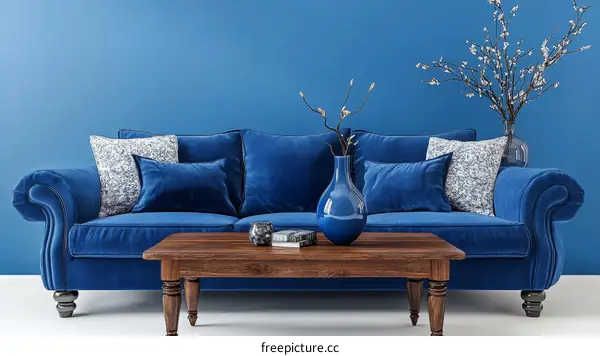 Elegant Blue Velvet Sofa Living Room Scene
