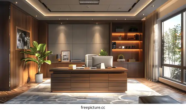 An elegant home office with a large desk, comfortable chair, and stylish rug.