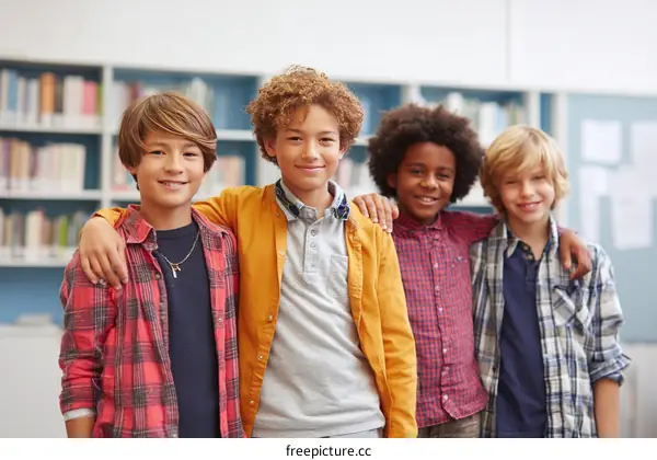 Four Diverse Children Posing Together in a School Library