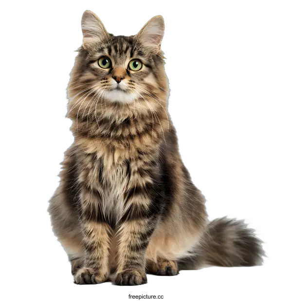 [Transparent Background PNG]Cute Longhaired Tabby Cat Sitting on White Background