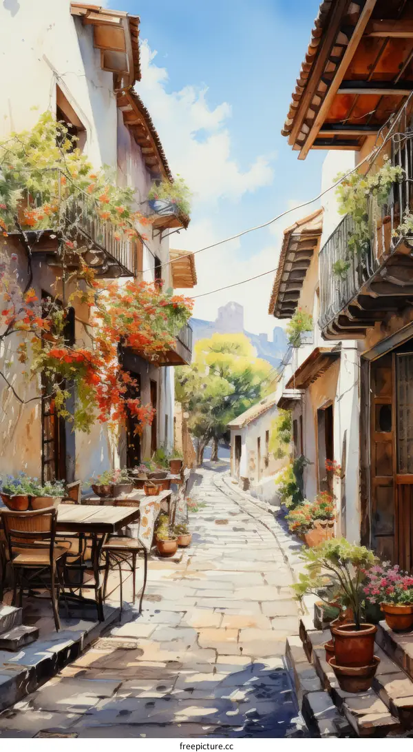 A charming street with colorful buildings and blooming flowers