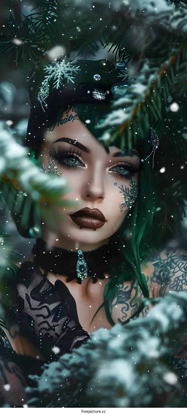 A winter themed portrait of a woman with green hair and dark makeup