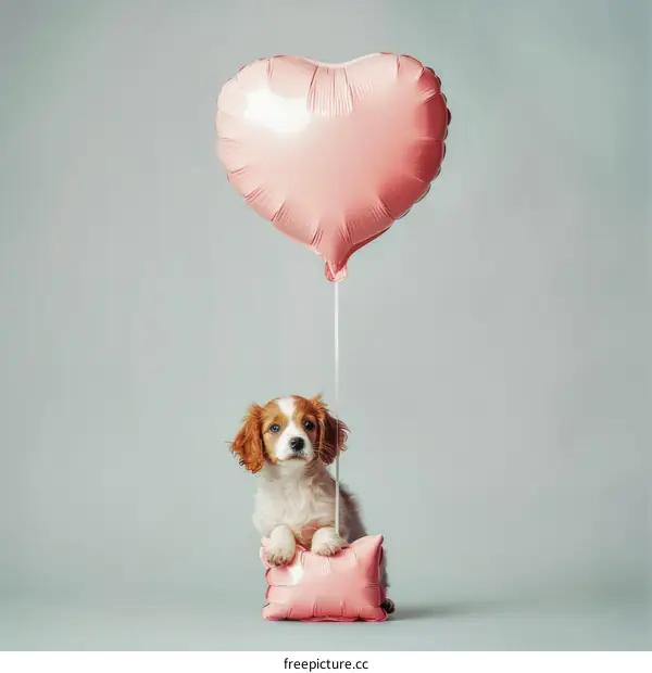 A cute puppy holding a pink heart balloon
