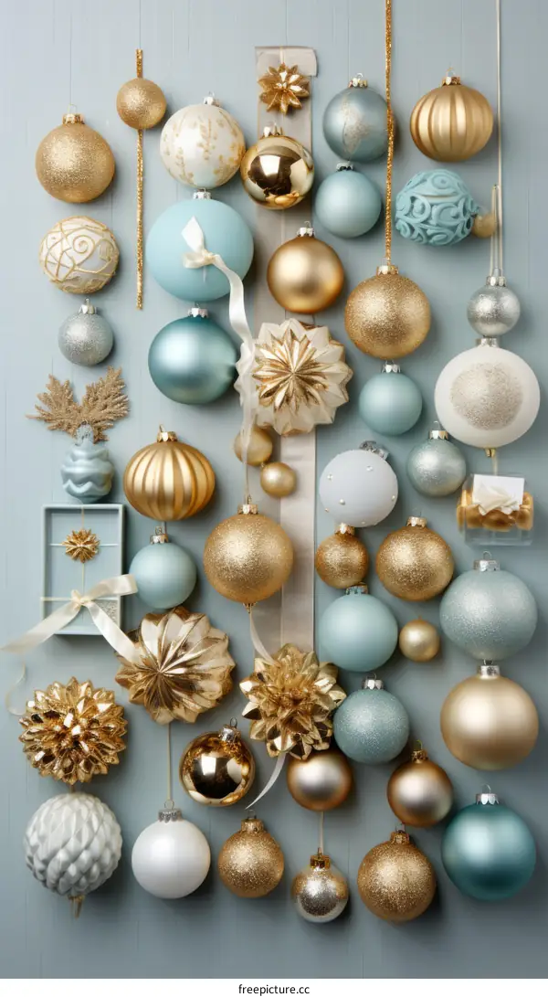 Beautiful Christmas Ornaments in Gold, Blue, and White