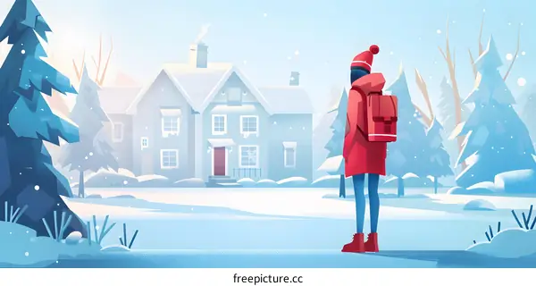 Winter Scene with Woman in Red Coat and Backpack Standing in Front of Snowy House