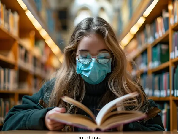 Young woman wearing a mask reading a book in a library