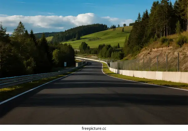 A scenic asphalt road winding through lush green hills and forests
