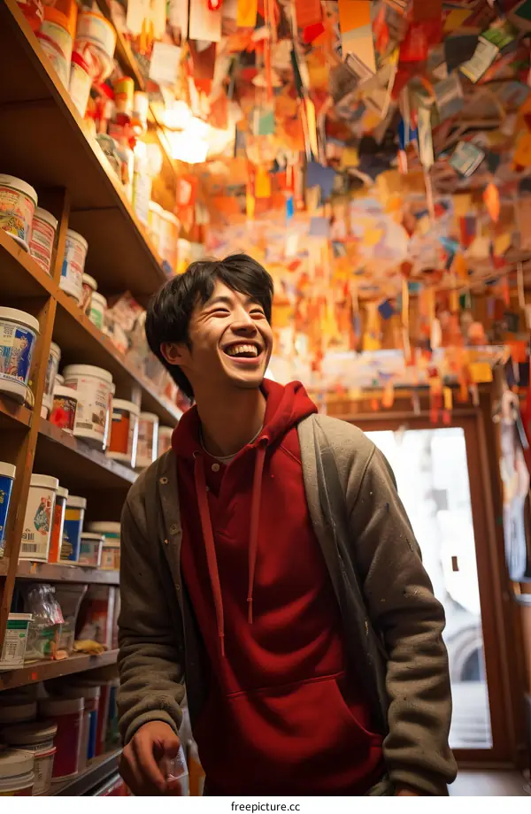 Portrait of a smiling young Asian man standing in a colorful, cluttered room