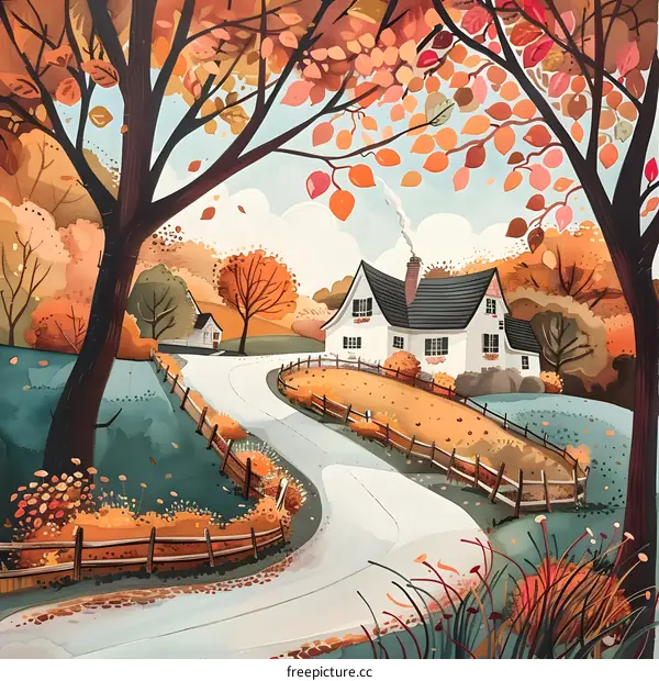 Autumn Cottage Landscape Watercolor Illustration
