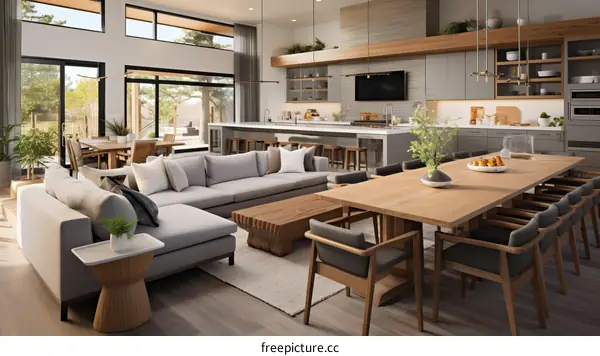 An open floor plan living space featuring a kitchen, dining area, and living room