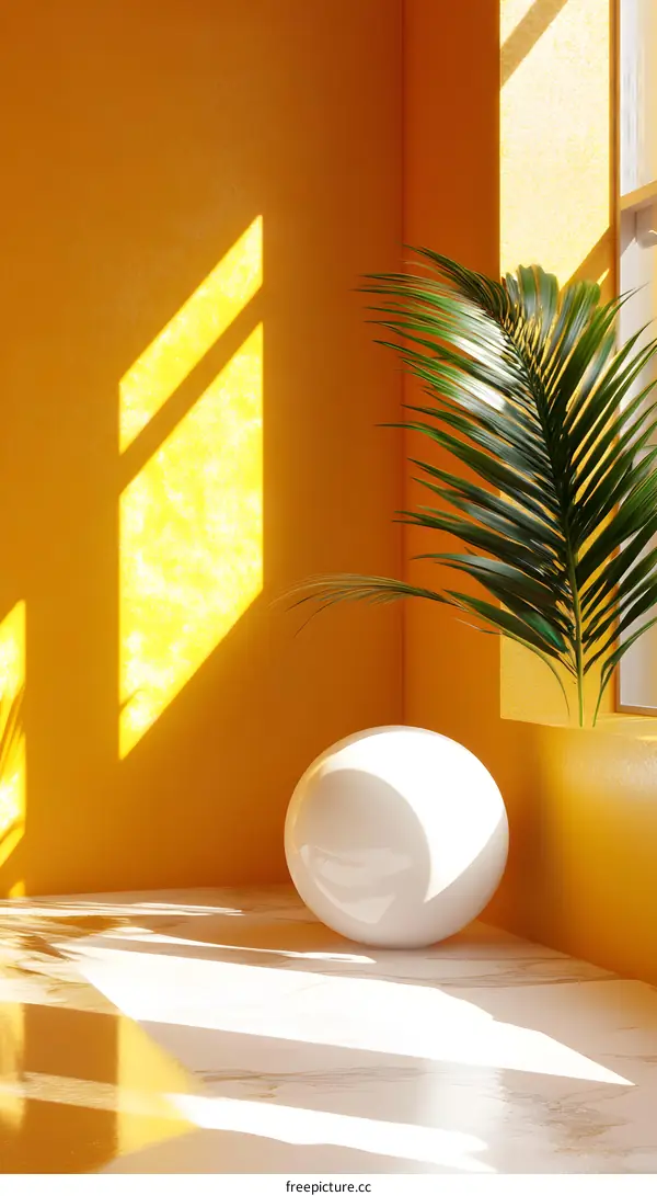 Minimalist Yellow Room with Palm Leaf and White Sphere
