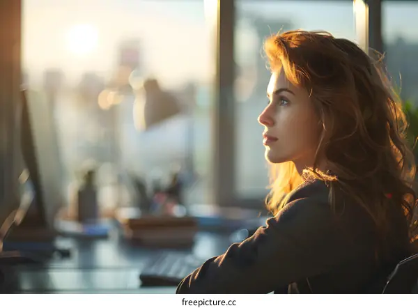 Business Woman Thinking by the Window Looking at Cityscape