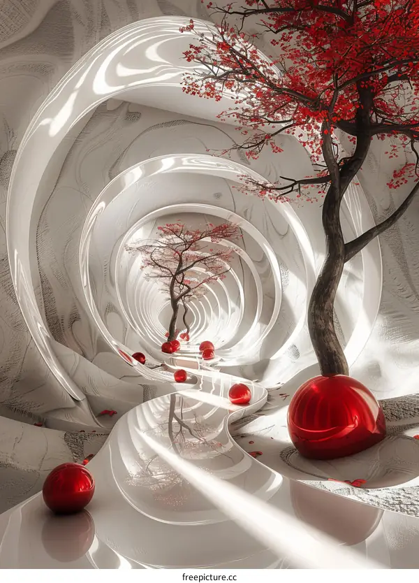 Futuristic Organic Tunnel with Cherry Blossom Trees and Crimson Spheres