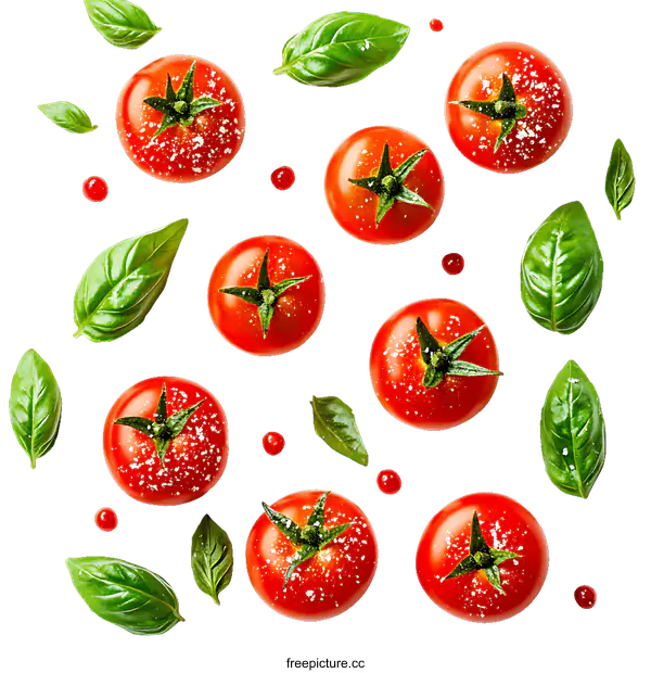 [Transparent Background PNG]Arrangement of Fresh Tomatoes and Basil Leaves