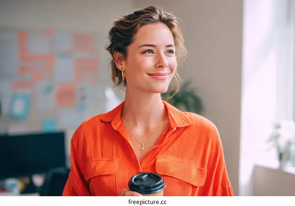 Smiling Business Woman with Coffee in Office
