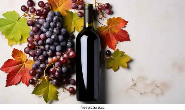 A bottle of red wine with a bunch of grapes and autumn leaves