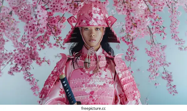 Black woman in pink samurai armor stands in front of a pink cherry blossom tree