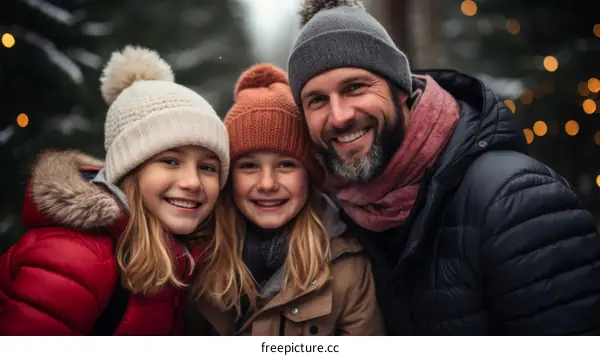 Happy family in winter clothes posing for a photo in the woods