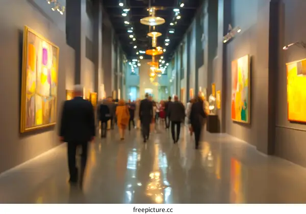 Art Gallery Crowded with Attendees Viewing Paintings