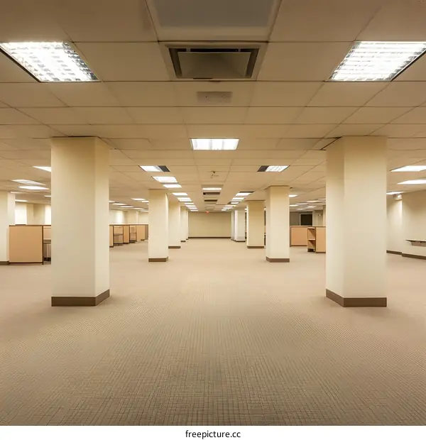 Empty Office Space With Ceiling Lights and Columns
