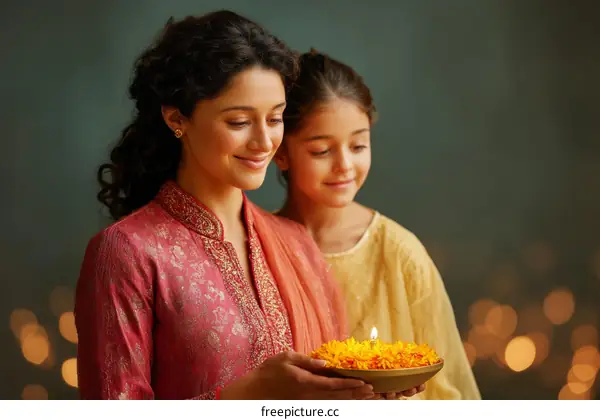 Indian Mother and Daughter Celebrating Diwali