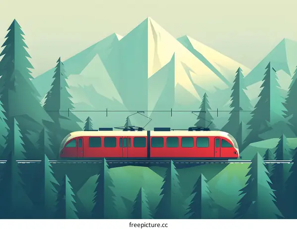 Red Train Illustration With Mountain Background
