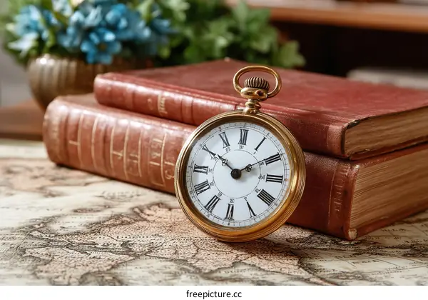 Antique Pocket Watch on Vintage Books and Map