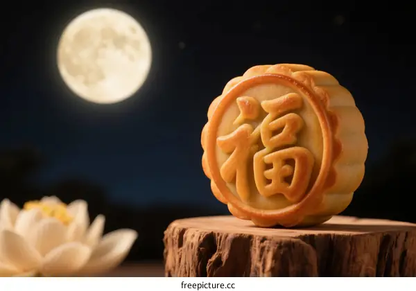 Mooncake with 'Fu' character under full moon and lotus flower