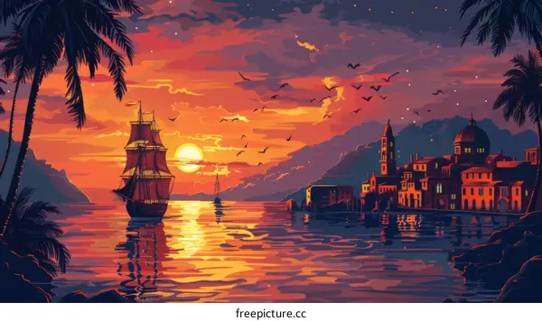 Quaint Harbor Town Bathed in Sunset's Glow