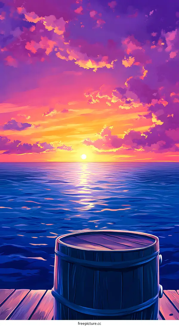 Sunset Over Ocean With Wooden Barrel