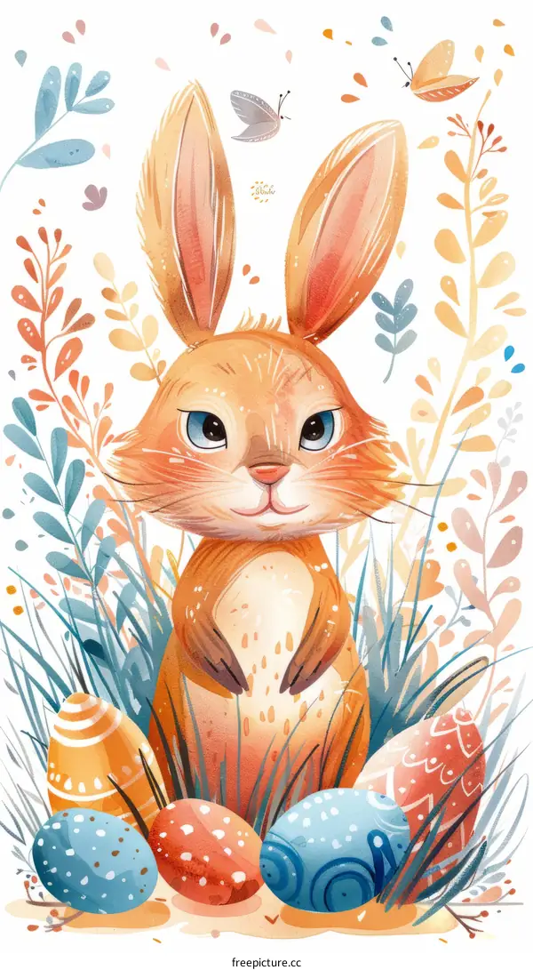 Cute bunny rabbit standing in a field of flowers next to colorful Easter eggs