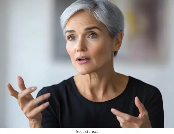 Caucasian Woman With Short Gray Hair Talking Animatedly