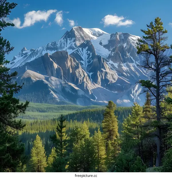 The summit of a snow capped mountain rising above a green forest