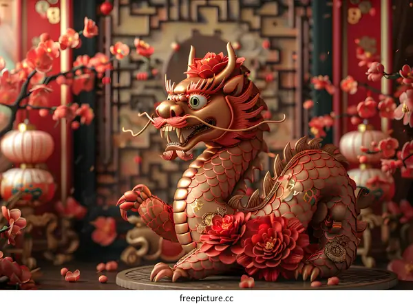 A golden dragon sits on a pedestal surrounded by red and pink flowers and traditional Chinese decorations.