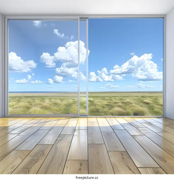 Modern Interior Design with Large Sliding Window and View of Grassy Field