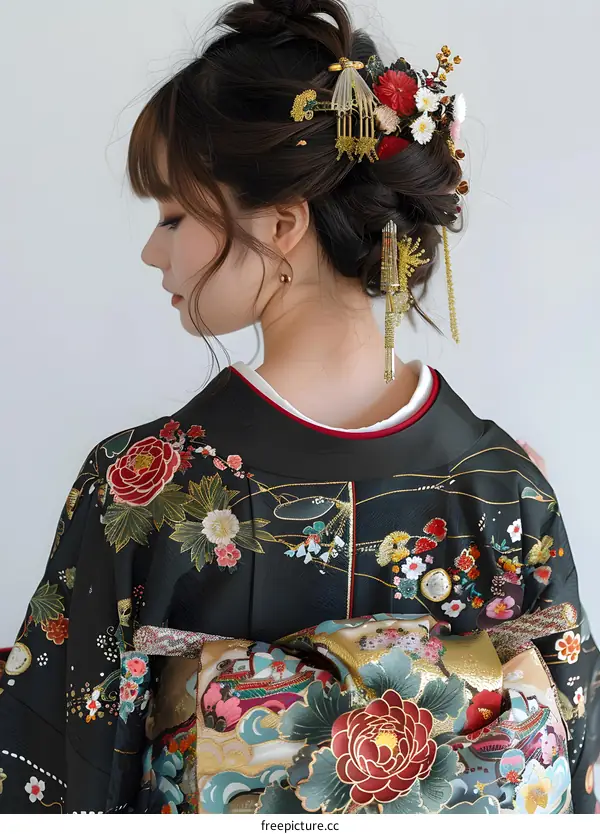 Japanese woman wearing a kimono with a floral pattern and a large hair accessory