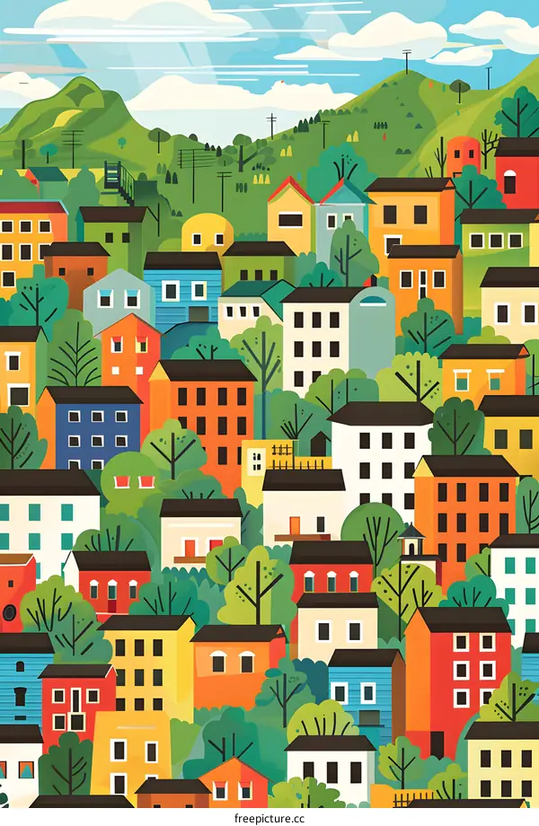 Colorful Houses Illustration in Green Hills