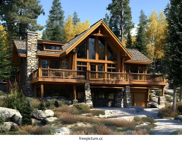 Wooden Cabin House With Stone Exterior Design In The Forest