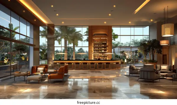 Modern Hotel Lobby with Lush Tropical Views