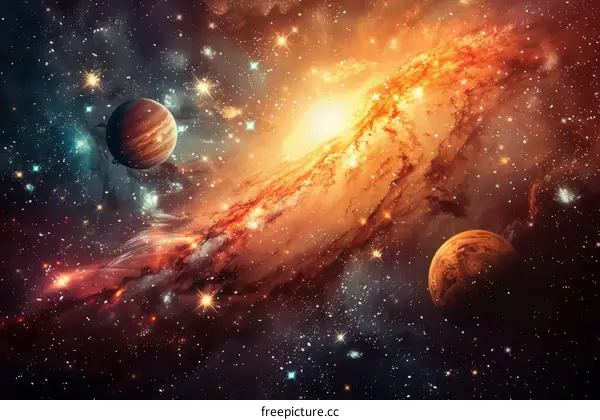 Orange Nebula and Planets: A Stunning Space Scene