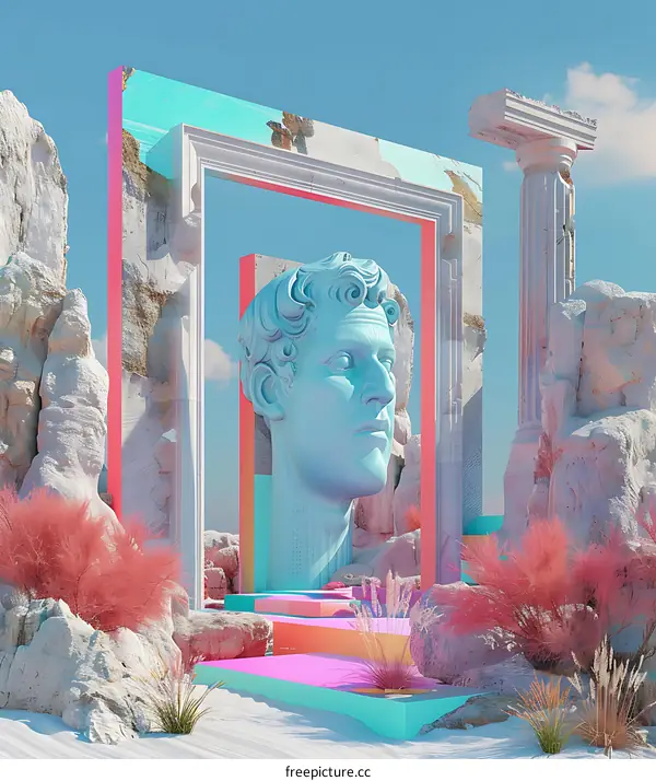 Surrealist Digital Art with Head Statue in Landscape