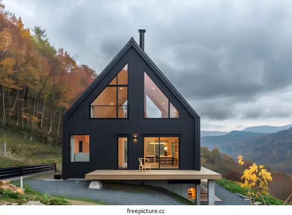 Modern Black Cabin with Mountain Views in Autumn
