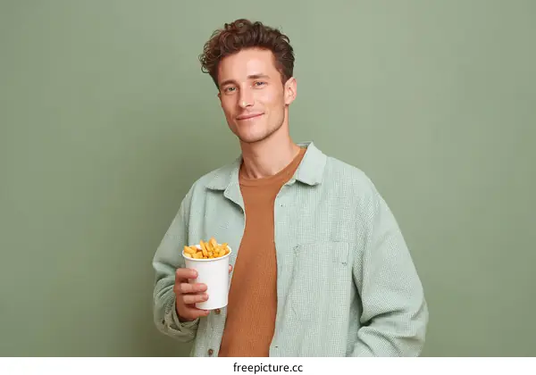 Man holding a cup of French Fries against a green background