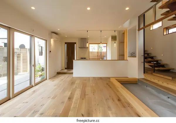 Modern Japanese House Interior Design with Wooden Floor and Staircase
